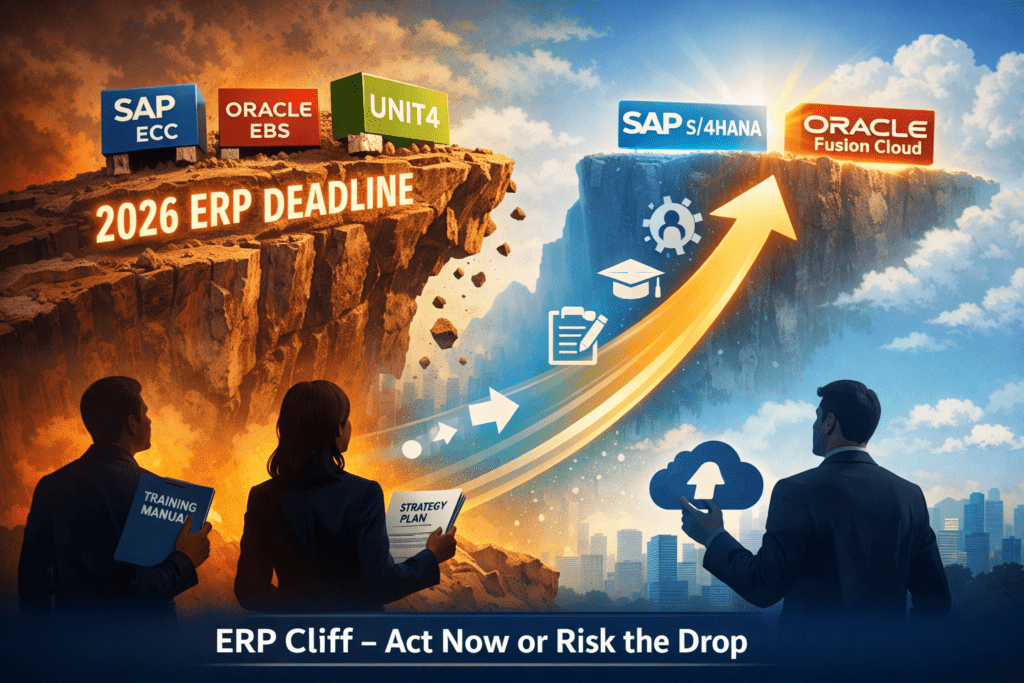 ERP transformation illustration showing the 2026 ERP deadline, with legacy systems SAP ECC, Oracle EBS and Unit4 at a cliff edge, and business users moving toward SAP S/4HANA and Oracle Fusion Cloud through training, change management and cloud migration.